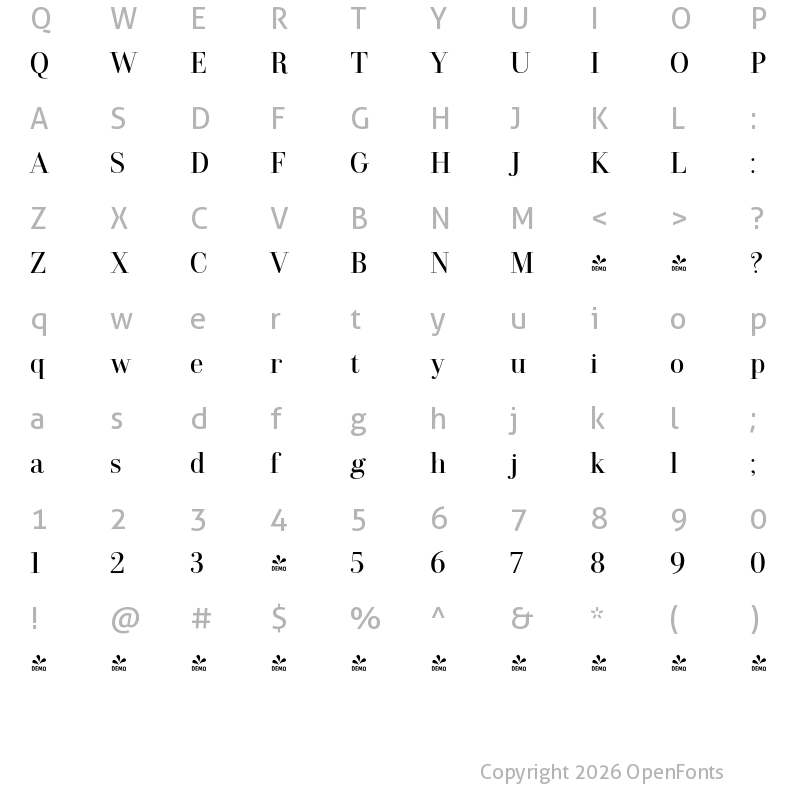 Character Map of FONTSPRING DEMO - Dionisio Regular Regular