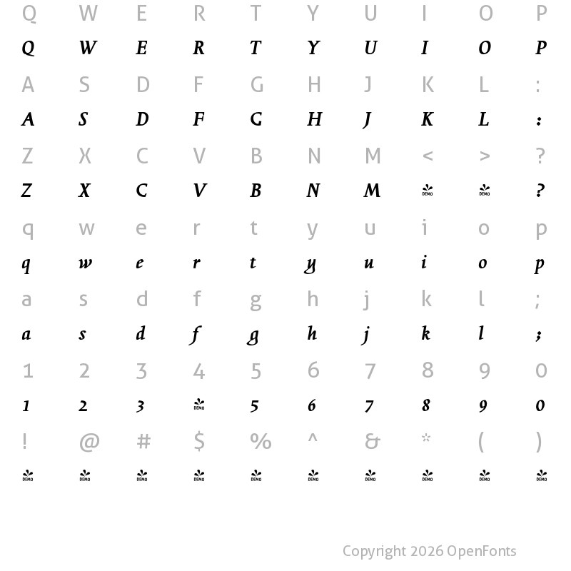 Character Map of FONTSPRING DEMO - Diorite Bold Cursive