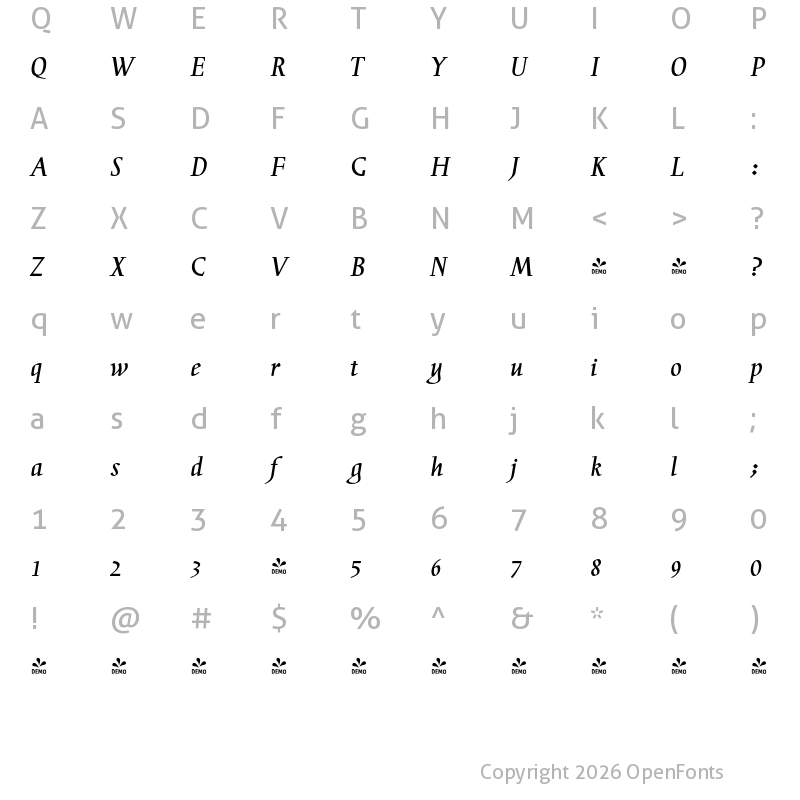 Character Map of FONTSPRING DEMO - Diorite Cursive