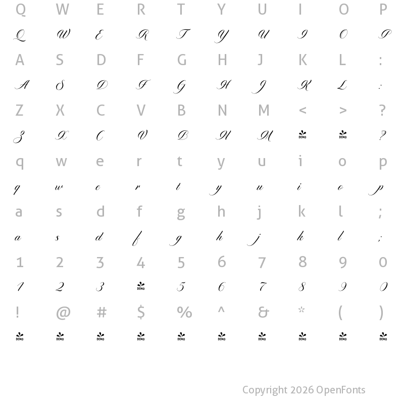 Character Map of FONTSPRING DEMO - Diploma Script Basic Regular
