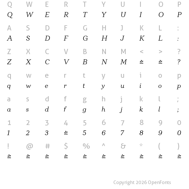 Character Map of FONTSPRING DEMO - Directors Cut Pro Italic