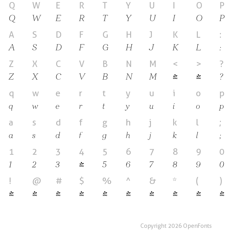 Character Map of FONTSPRING DEMO - Directors Cut Pro Light Italic