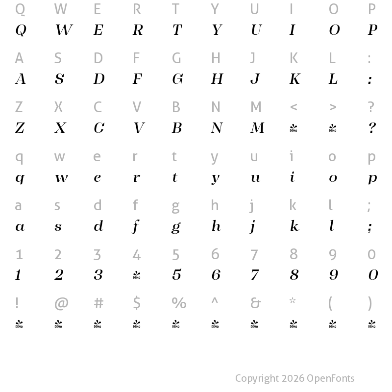 Character Map of FONTSPRING DEMO - Display Md It Italic