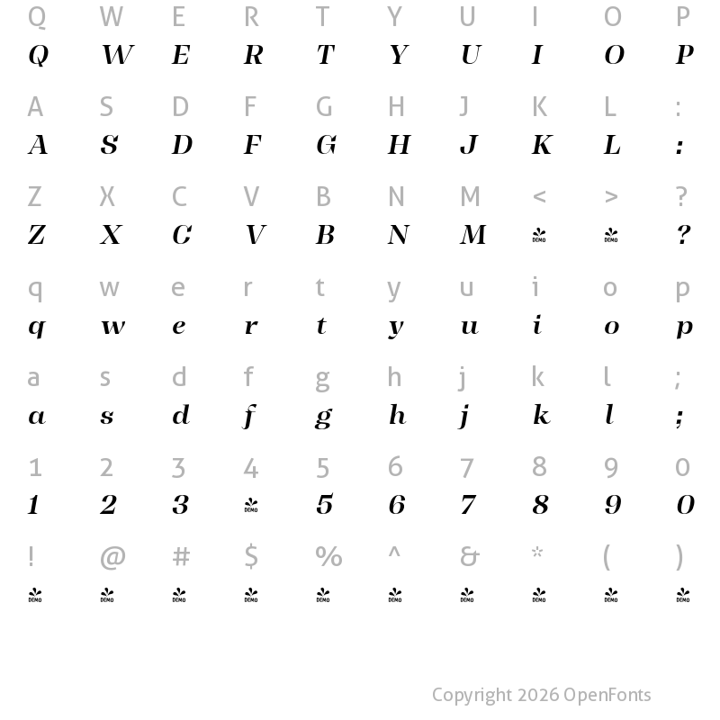 Character Map of FONTSPRING DEMO - Display SemBd It Italic