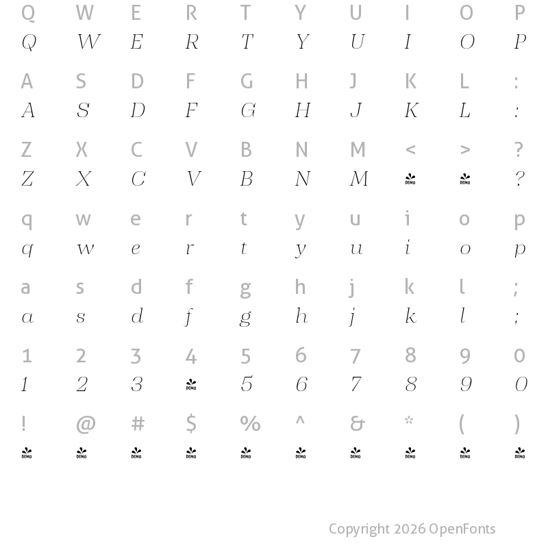Character Map of FONTSPRING DEMO - Display Th It Italic