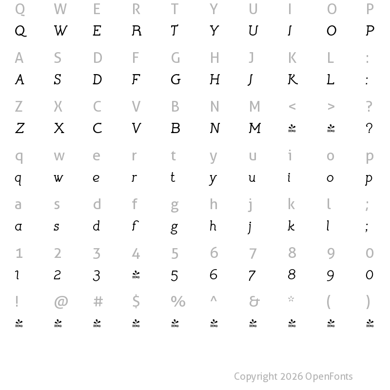 Character Map of FONTSPRING DEMO - doit Italic
