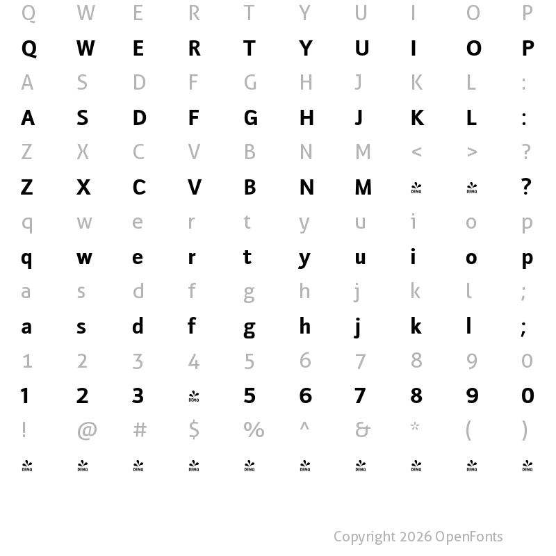 Character Map of FONTSPRING DEMO - Doradani Rg Bold