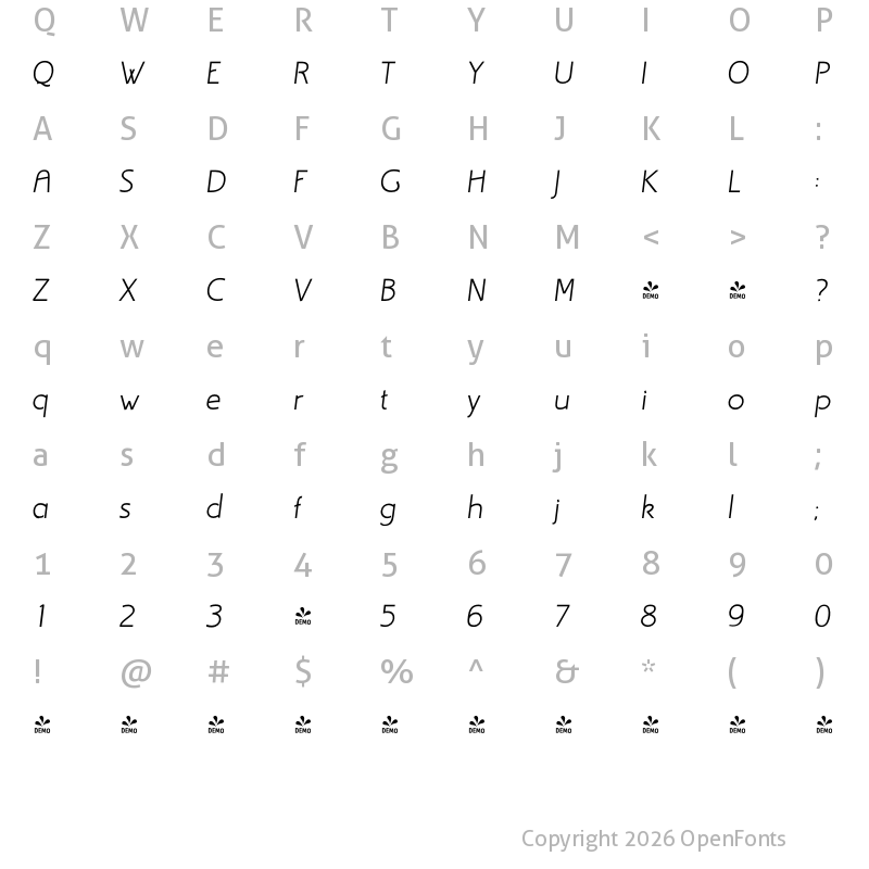 Character Map of FONTSPRING DEMO - Draetha Thin Italic