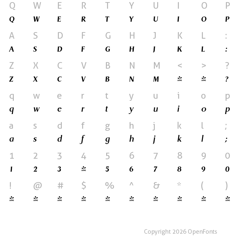 Character Map of FONTSPRING DEMO - Dragon Serial Bold Italic