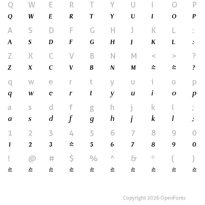 Character Map of FONTSPRING DEMO - Dragon Serial Medium Italic