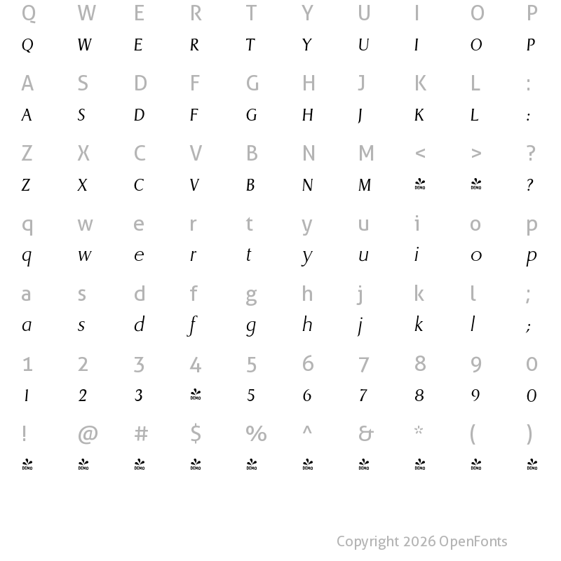 Character Map of FONTSPRING DEMO - Dragon Serial Xlight Italic