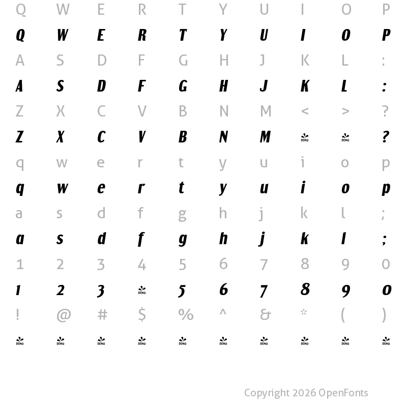 Character Map of FONTSPRING DEMO - Dream Orphanage Hv Italic