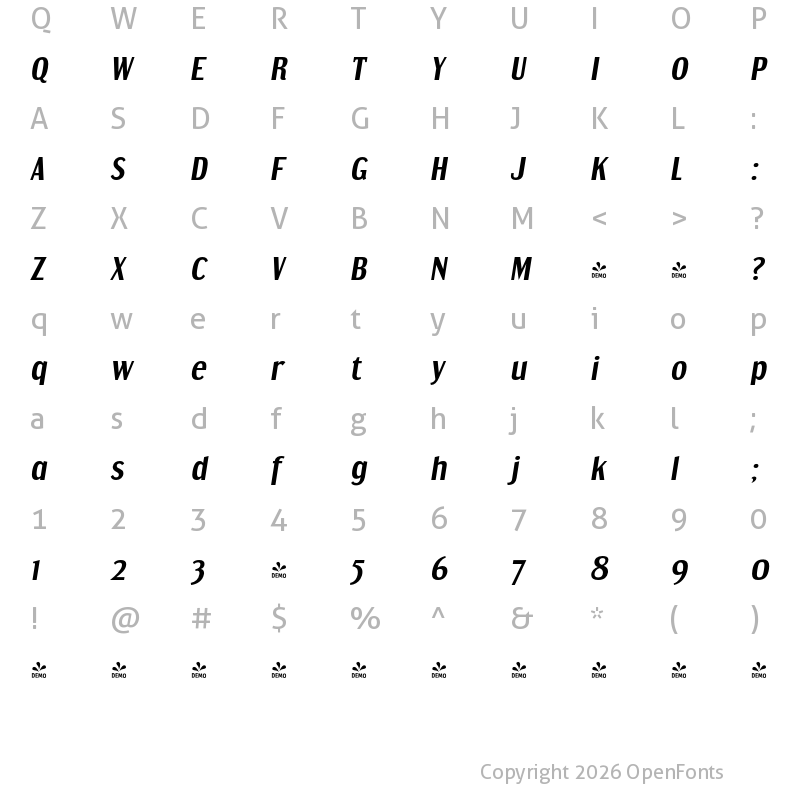 Character Map of FONTSPRING DEMO - Dream Orphanage Rg Bold Italic