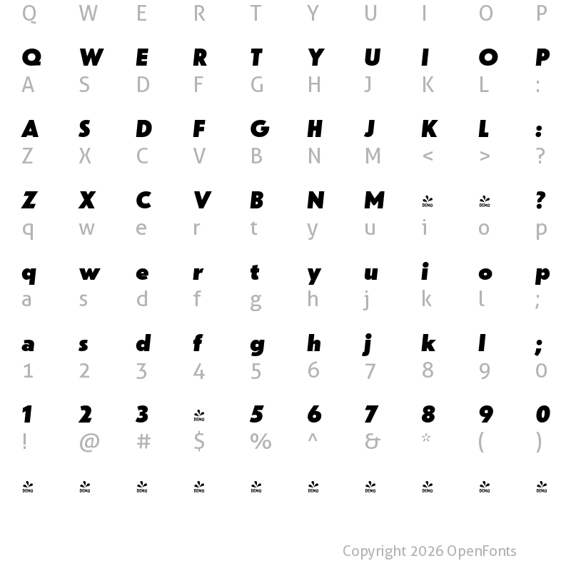 Character Map of FONTSPRING DEMO - dT Jakob Black Italic Regular