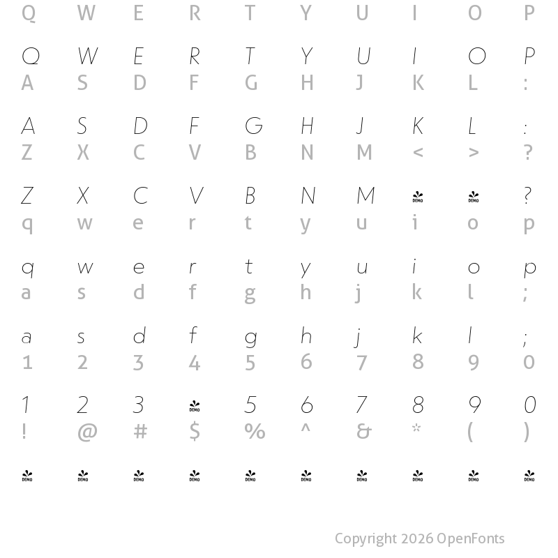 Character Map of FONTSPRING DEMO - dT Jakob Thin Italic Regular