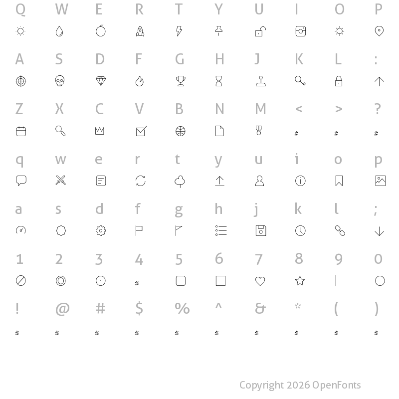 Character Map of FONTSPRING DEMO - Duepuntozero Pro Icon Exlight Regular