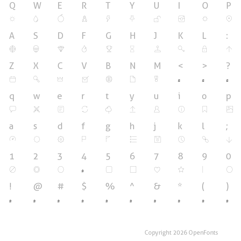 Character Map of FONTSPRING DEMO - Duepuntozero Pro Icon Thin Regular