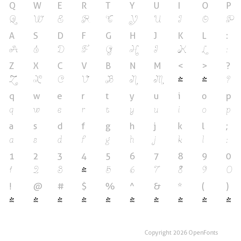 Character Map of FONTSPRING DEMO - Dulce Pro Italic