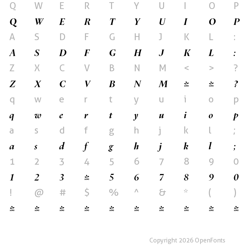 Character Map of FONTSPRING DEMO - Dupincel Large Bold Italic