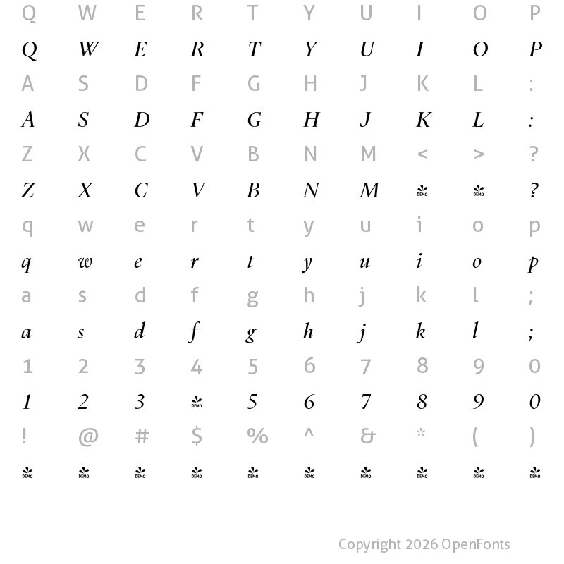 Character Map of FONTSPRING DEMO - Dupincel Large Italic