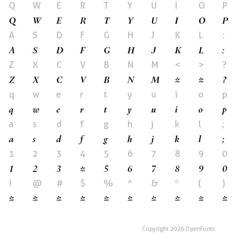 Character Map of FONTSPRING DEMO - Dupincel Large SemiBold Italic