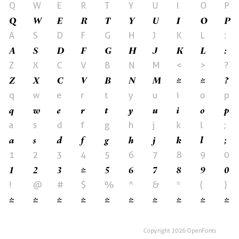 Character Map of FONTSPRING DEMO - Dupincel Medium Black Italic