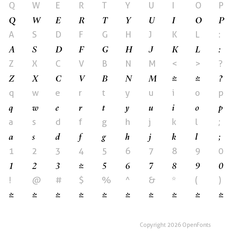 Character Map of FONTSPRING DEMO - Dupincel Medium Book Italic