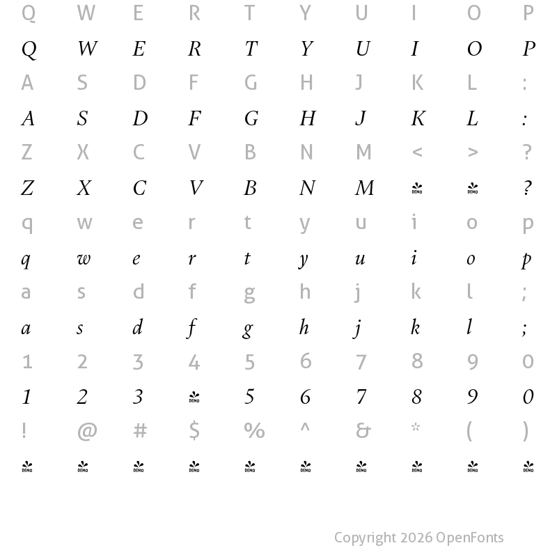 Character Map of FONTSPRING DEMO - Dupincel Medium Light Italic