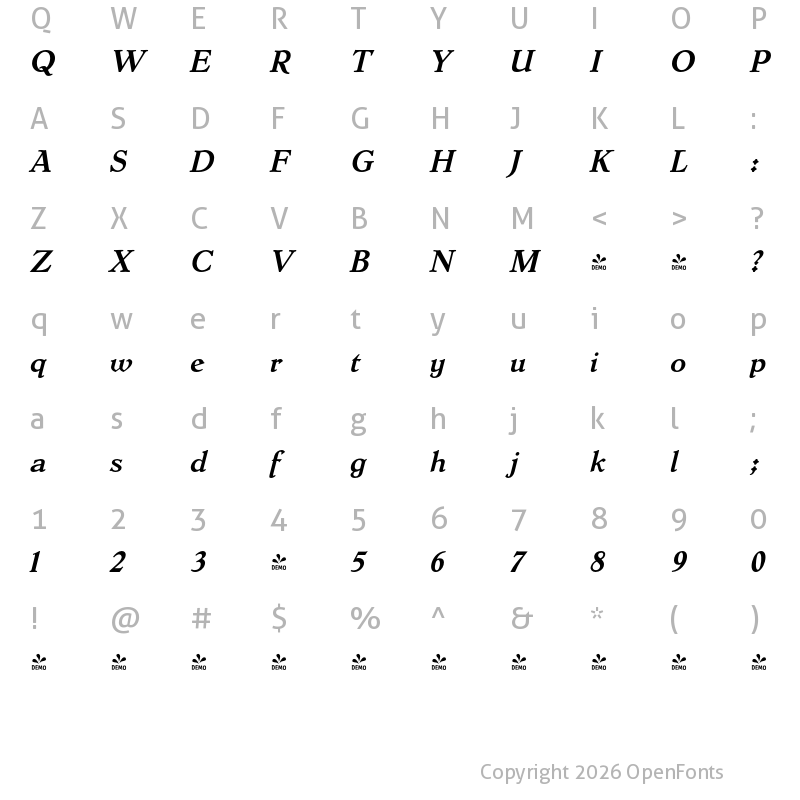 Character Map of FONTSPRING DEMO - Dutch Mediaeval Pro Bold Italic