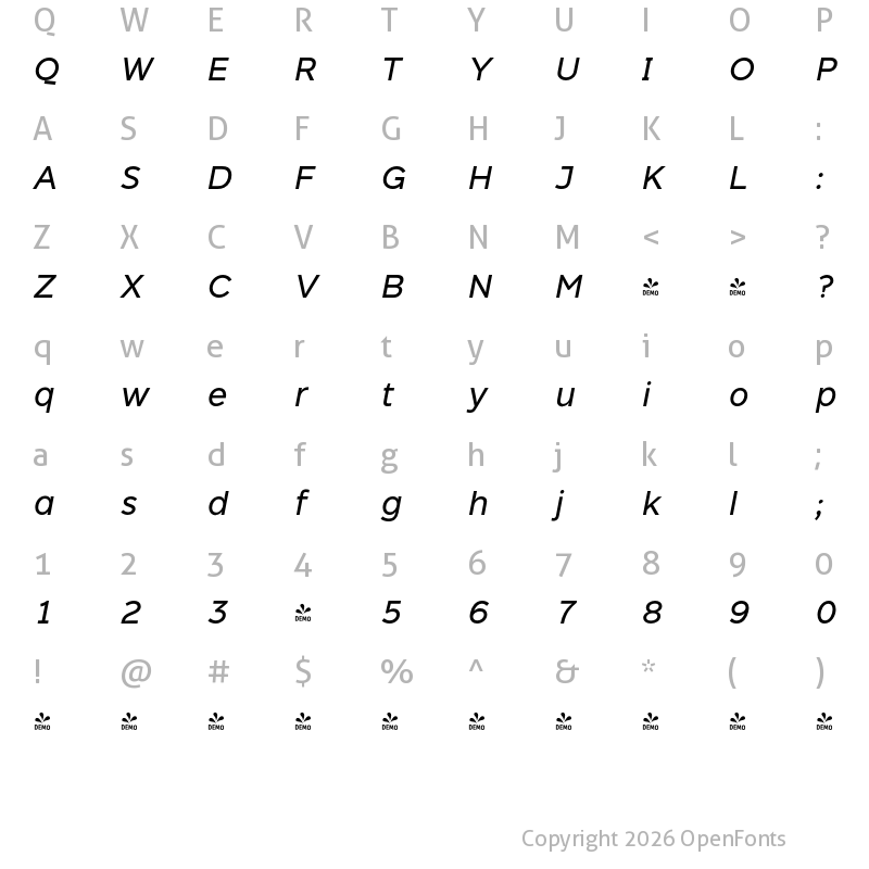 Character Map of FONTSPRING DEMO - Dylan-NormalItalic Regular