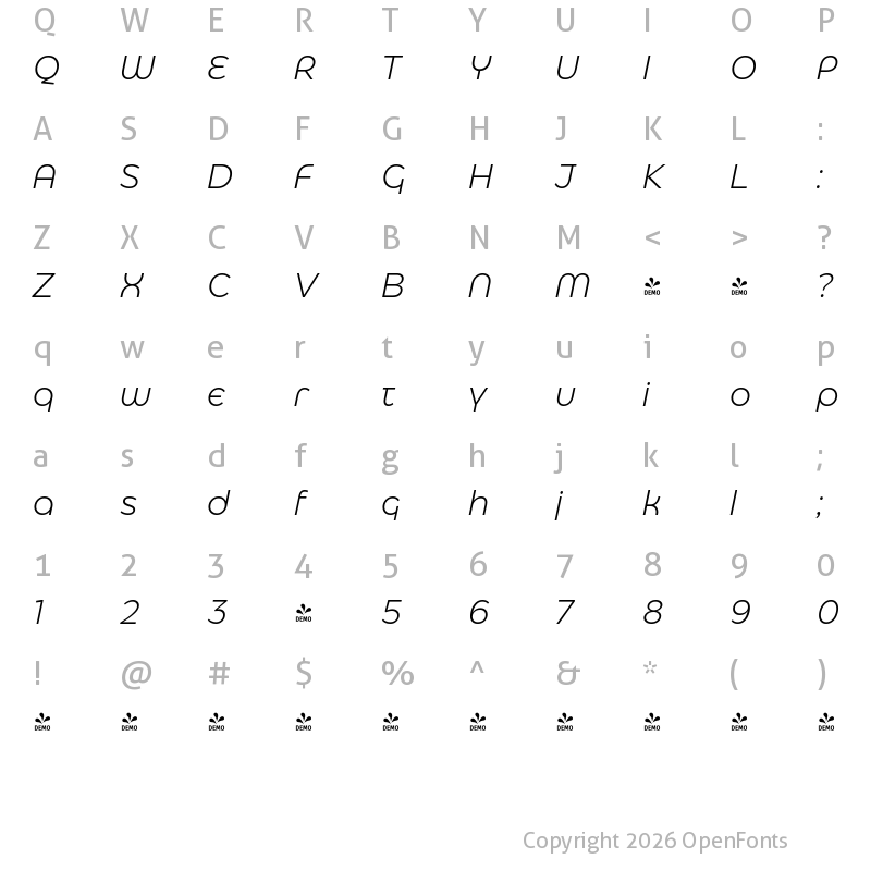 Character Map of FONTSPRING DEMO - Eastman Alternate Light Italic
