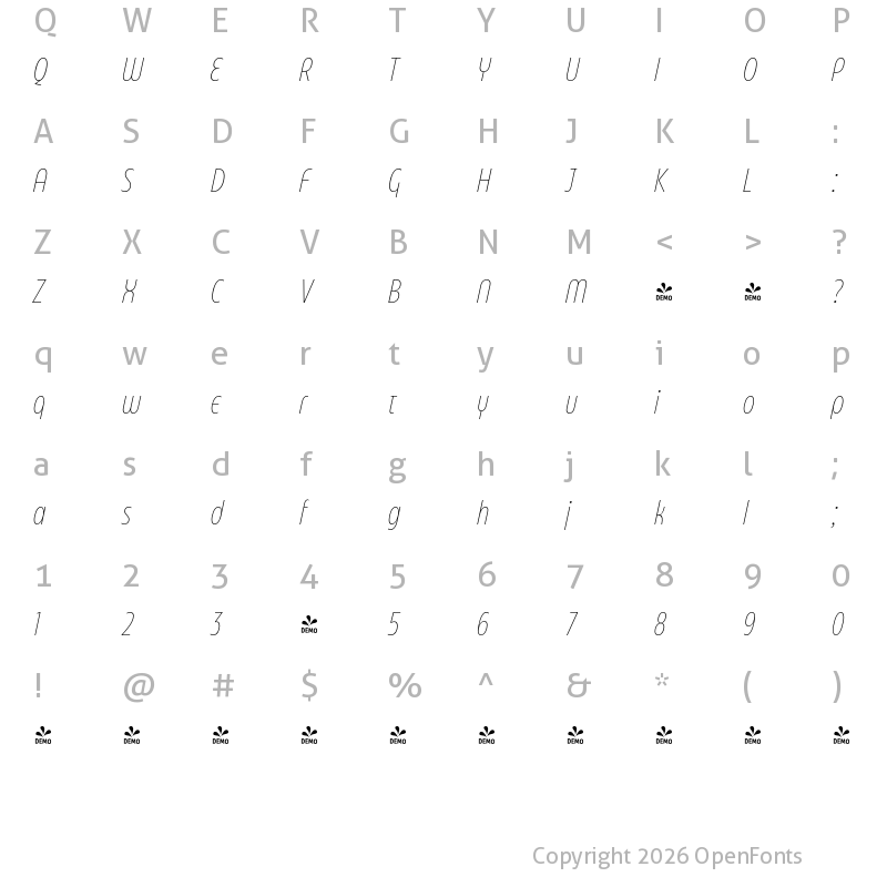 Character Map of FONTSPRING DEMO - Eastman Compressed Alt Extralight Italic