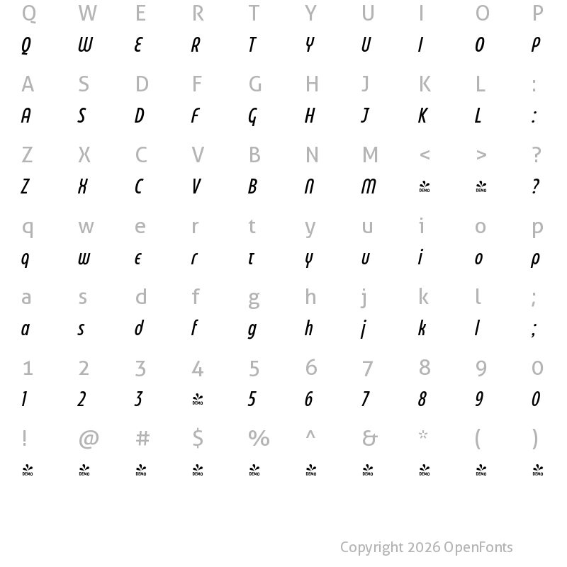 Character Map of FONTSPRING DEMO - Eastman Compressed Alt Medium It Regular