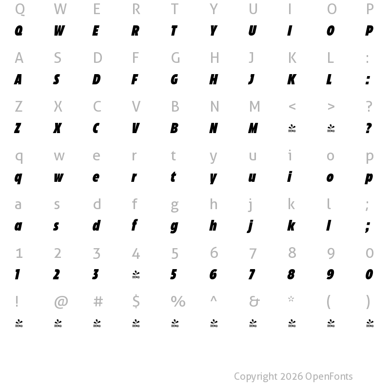 Character Map of FONTSPRING DEMO - Eastman Compressed Heavy Italic