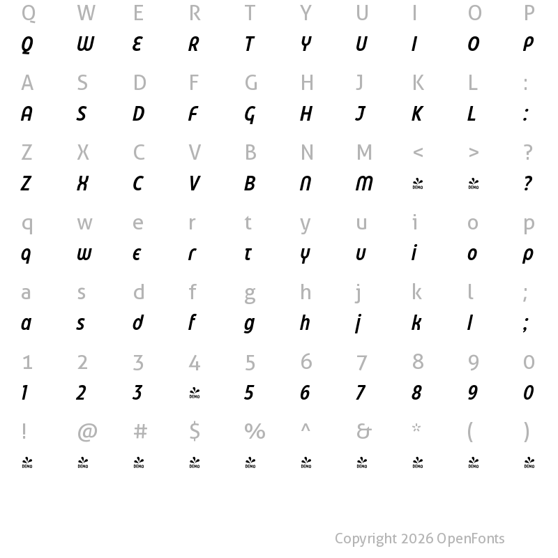 Character Map of FONTSPRING DEMO - Eastman Condensed Alt DemiBd It Regular