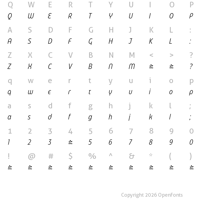 Character Map of FONTSPRING DEMO - Eastman Condensed Alt Offset It Regular
