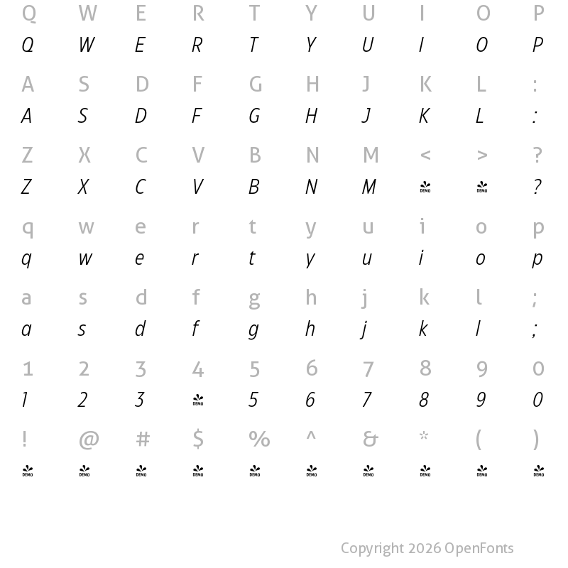 Character Map of FONTSPRING DEMO - Eastman Condensed Offset Italic