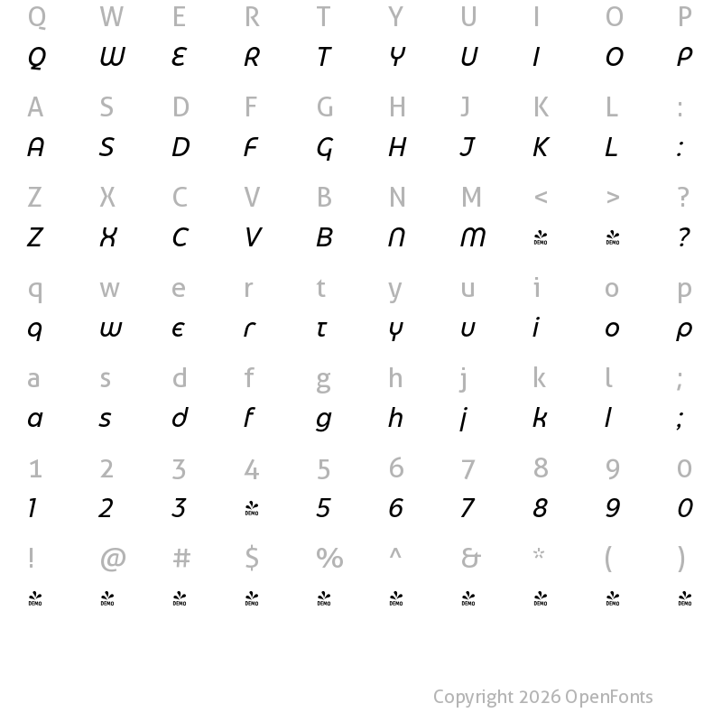 Character Map of FONTSPRING DEMO - Eastman Grotesque Alt Medium It Regular