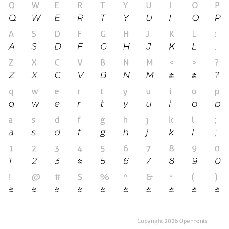 Character Map of FONTSPRING DEMO - Eastman Light Italic