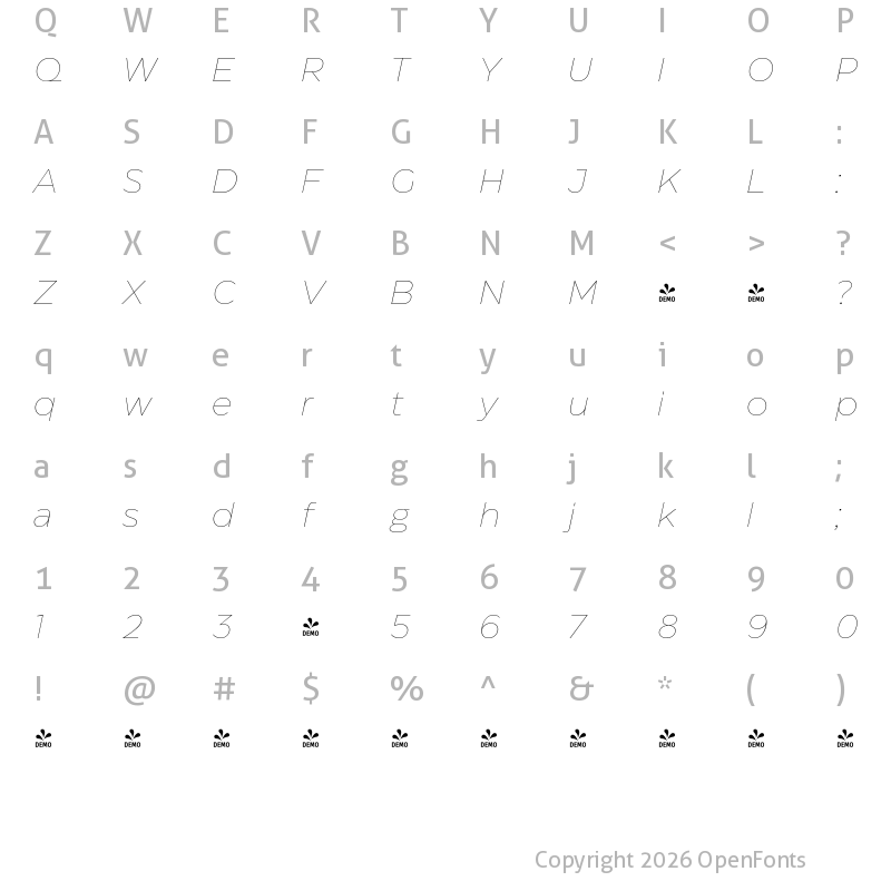 Character Map of FONTSPRING DEMO - Eastman Thin Italic