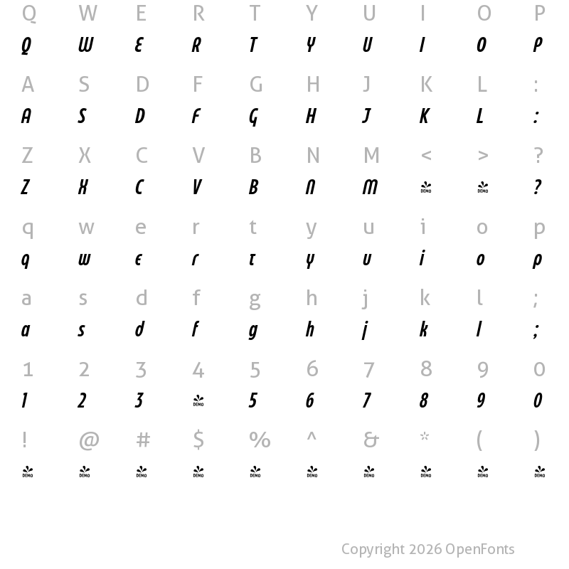 Character Map of FONTSPRING DEMO - EastmanCompressedAltDmBdIt Regular