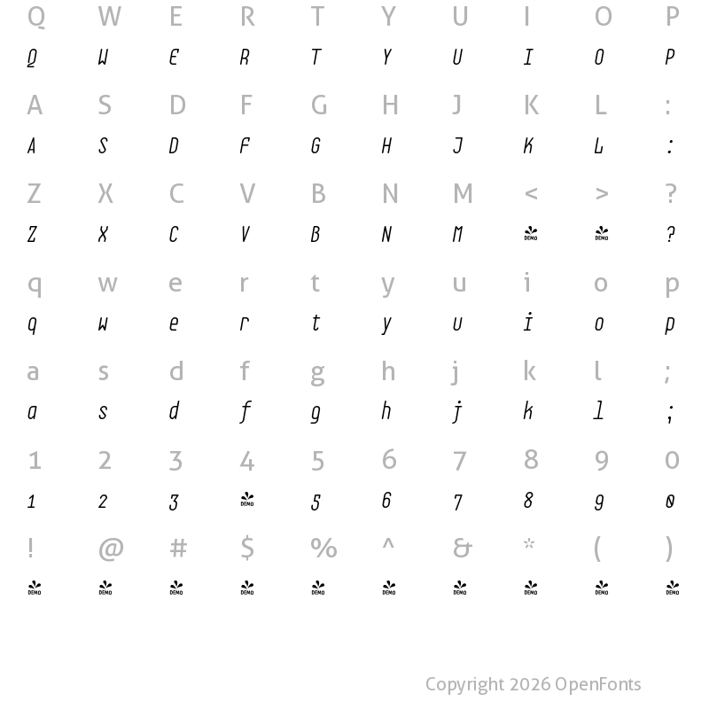 Character Map of FONTSPRING DEMO - EB Base Mono Book Italic