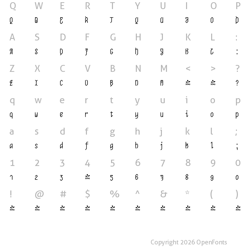 Character Map of FONTSPRING DEMO - EB Base Mono Cursive