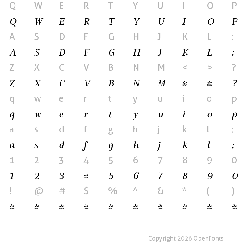 Character Map of FONTSPRING DEMO - Edicia Regular Italic Regular