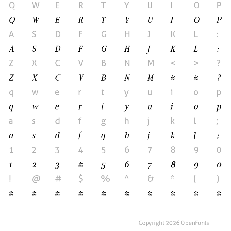 Character Map of FONTSPRING DEMO - Edito BeItalic