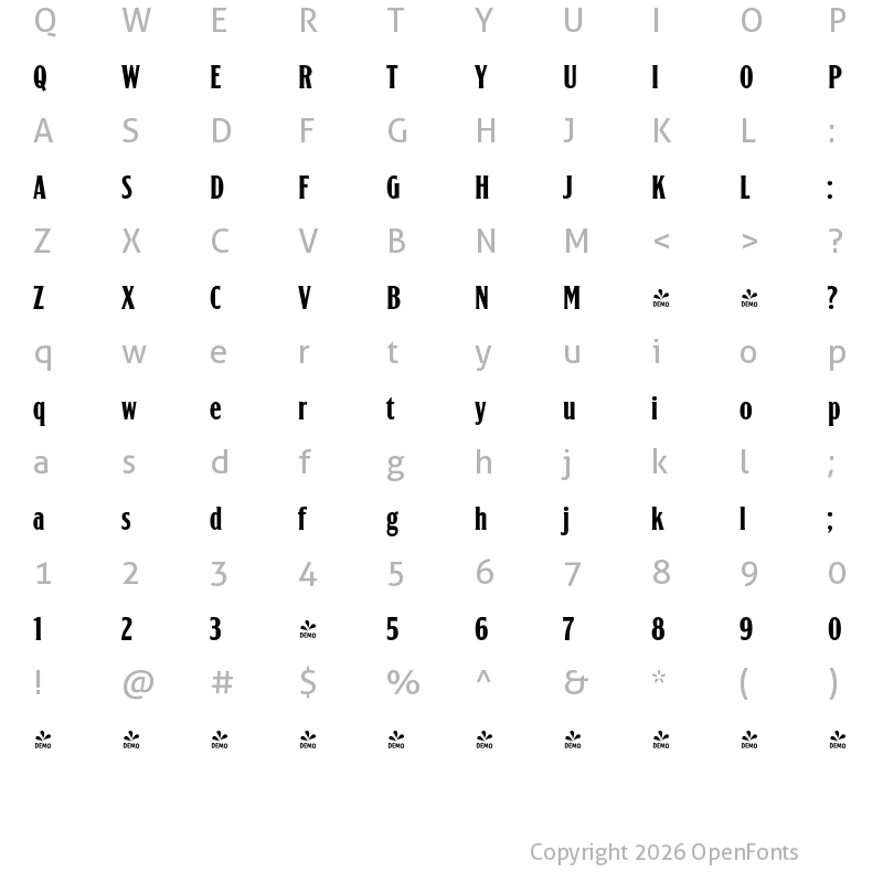 Character Map of FONTSPRING DEMO - EFCO Godfrey Compressed Regular