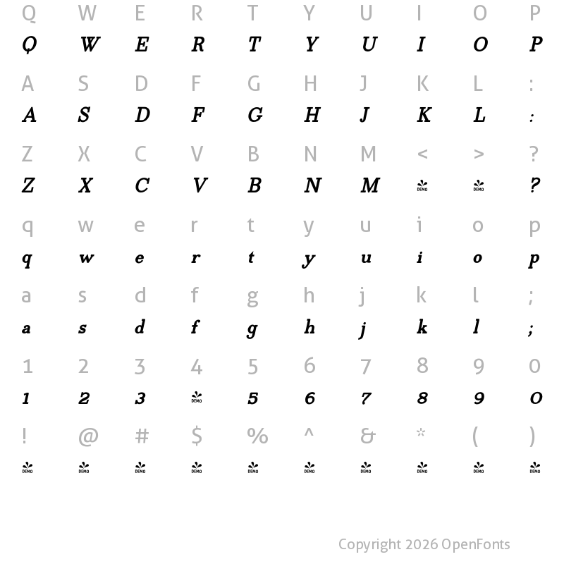 Character Map of FONTSPRING DEMO - EgyptiaBoldItalic Regular