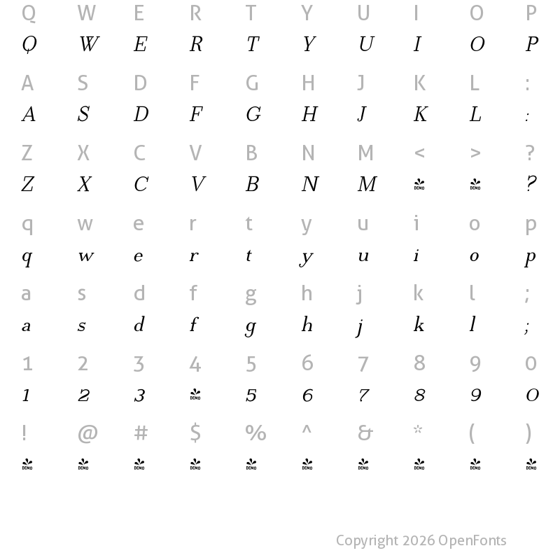 Character Map of FONTSPRING DEMO - EgyptiaLightItalic Regular
