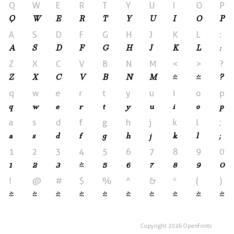 Character Map of FONTSPRING DEMO - EgyptiaRoundBoldItalic Regular