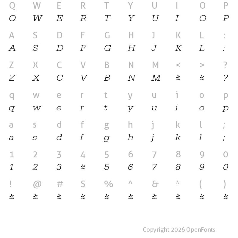 Character Map of FONTSPRING DEMO - EgyptienneURWExtWidLig Italic